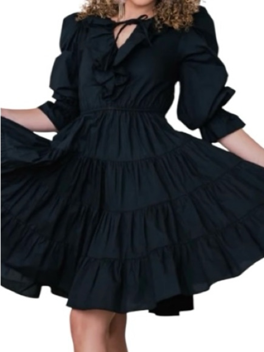 JessaKae Women's Black Black Ruffle V-Neck Tie Mini Dress Size XS